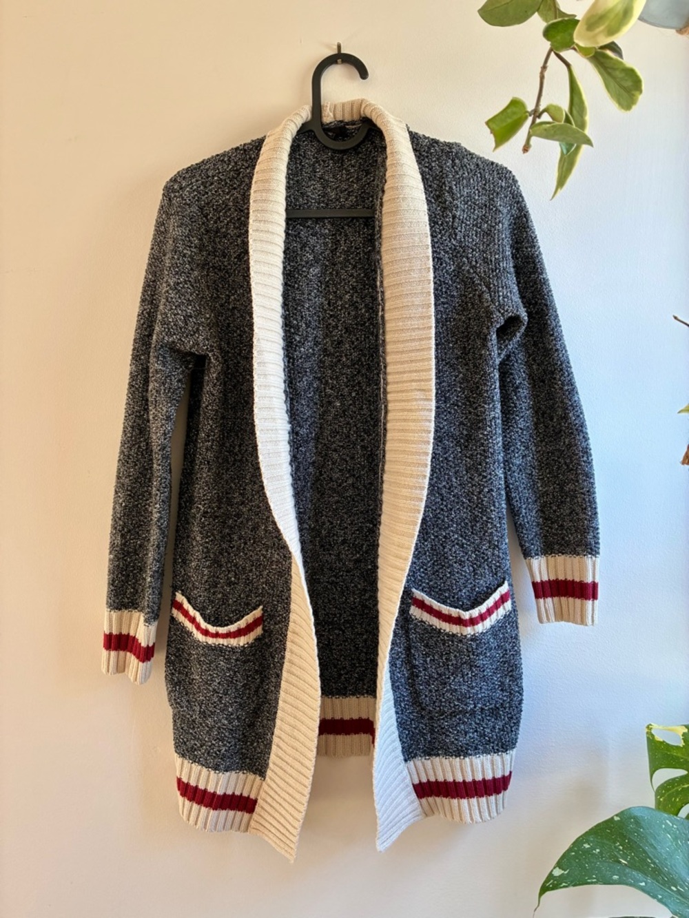 Open-Front Gray Cardigan with Cream Trim and Red Stripe Accents